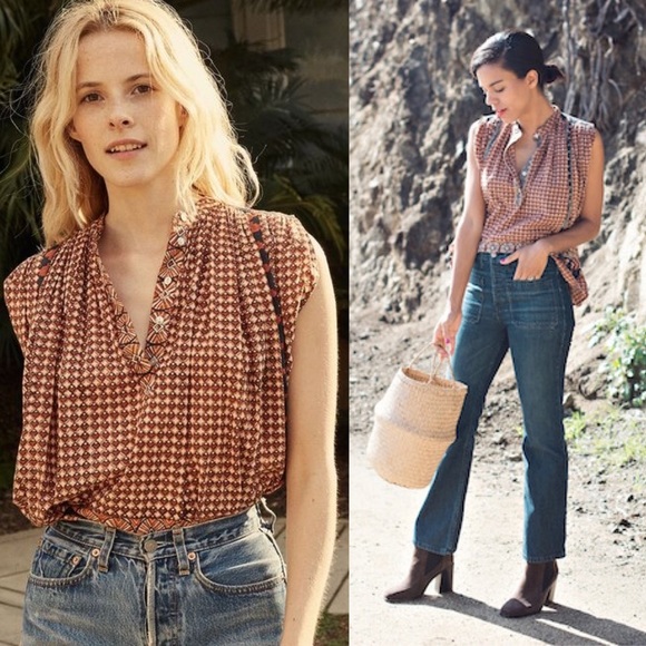 Doen Tops - NEW Dôen Darjeeling Clay Combo Block Print Top